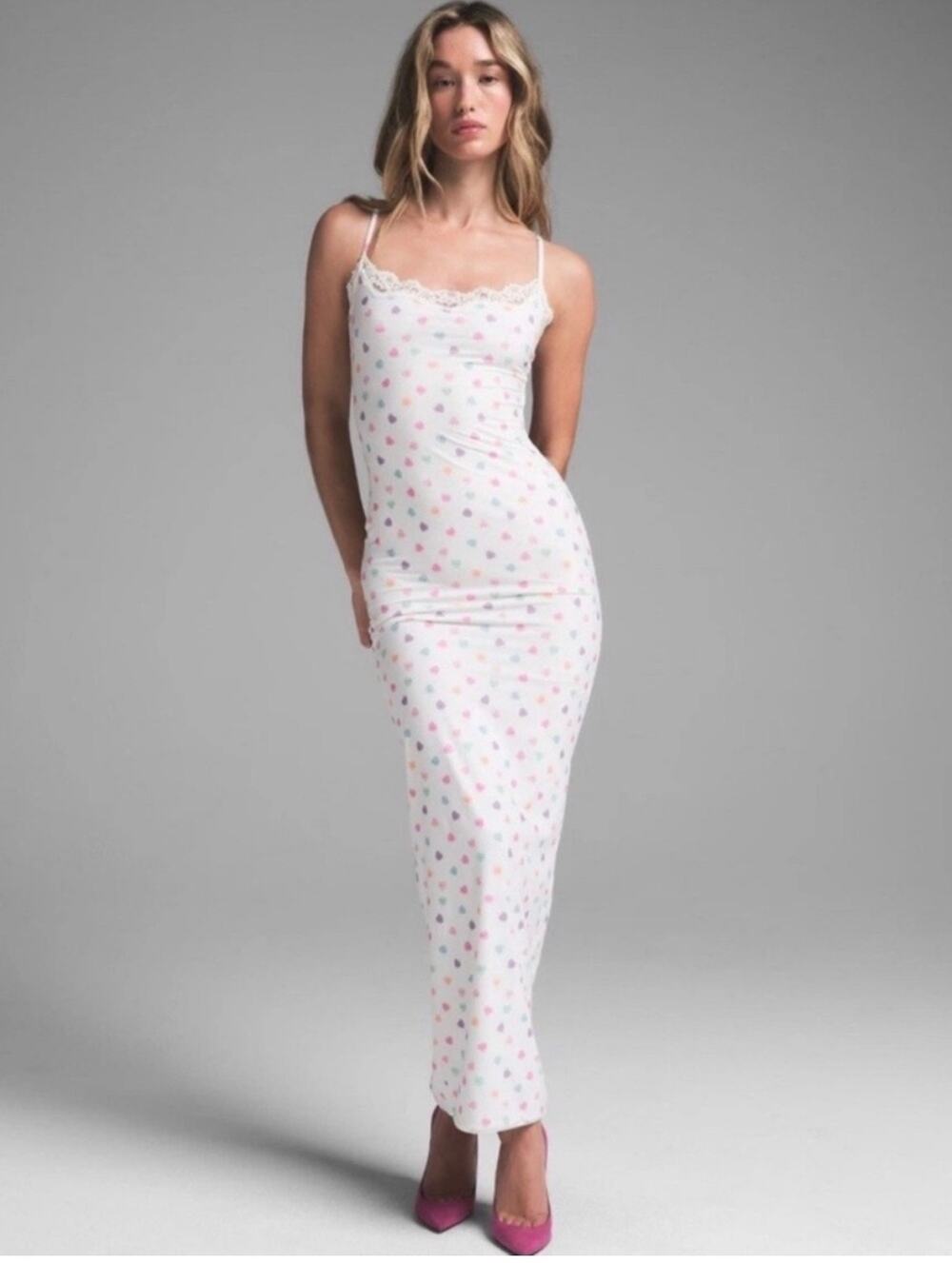New Skims Fits Everybody Lace Long Slip Dress Medium Marble Candy Heart S NWT